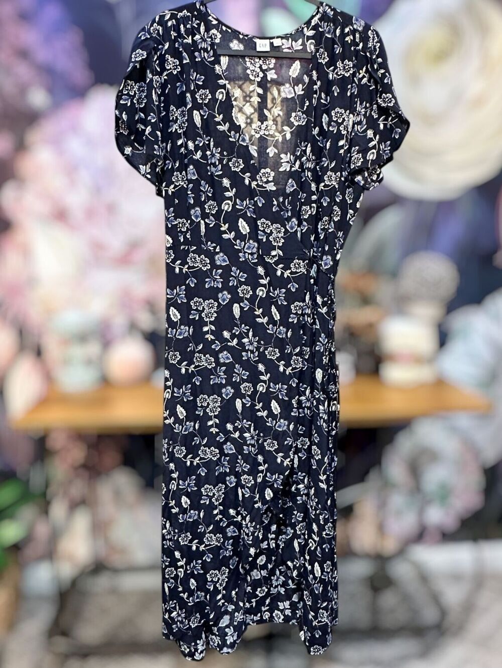 Gap XL Tall Floral Wrap Maxi Dress Navy Flutter Sleeve Boho Feminine Cottagecore